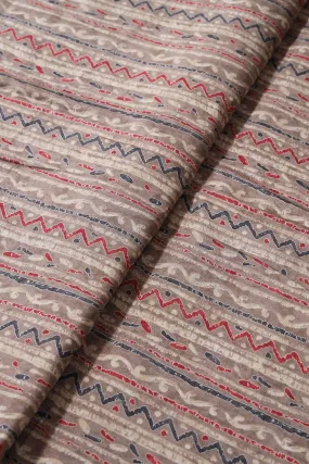 Dusty Brown And Light Beige Stripes Print On Viscose Chanderi Silk Fabric