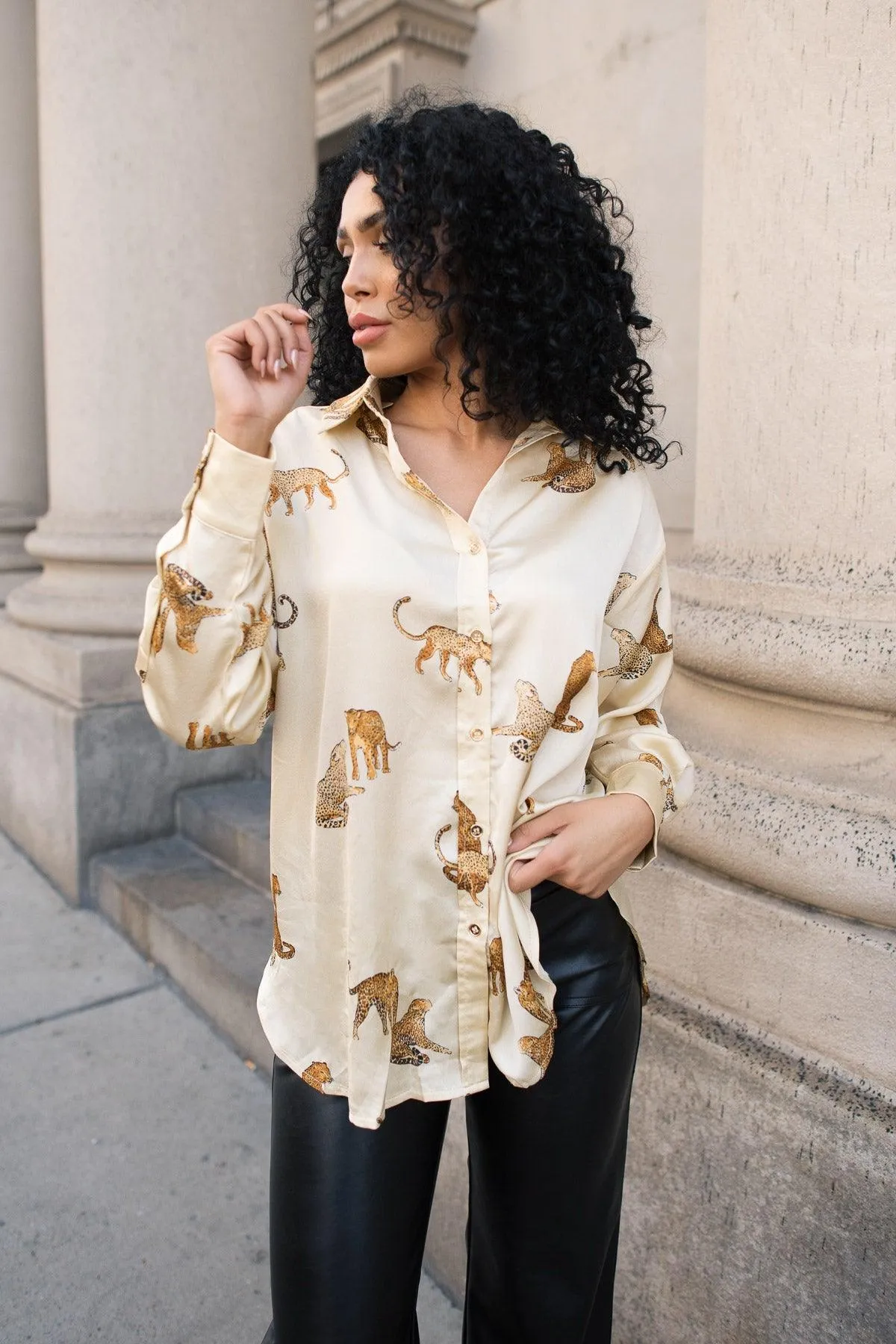 Feline Flair Cream Button Up Top - Final Sale