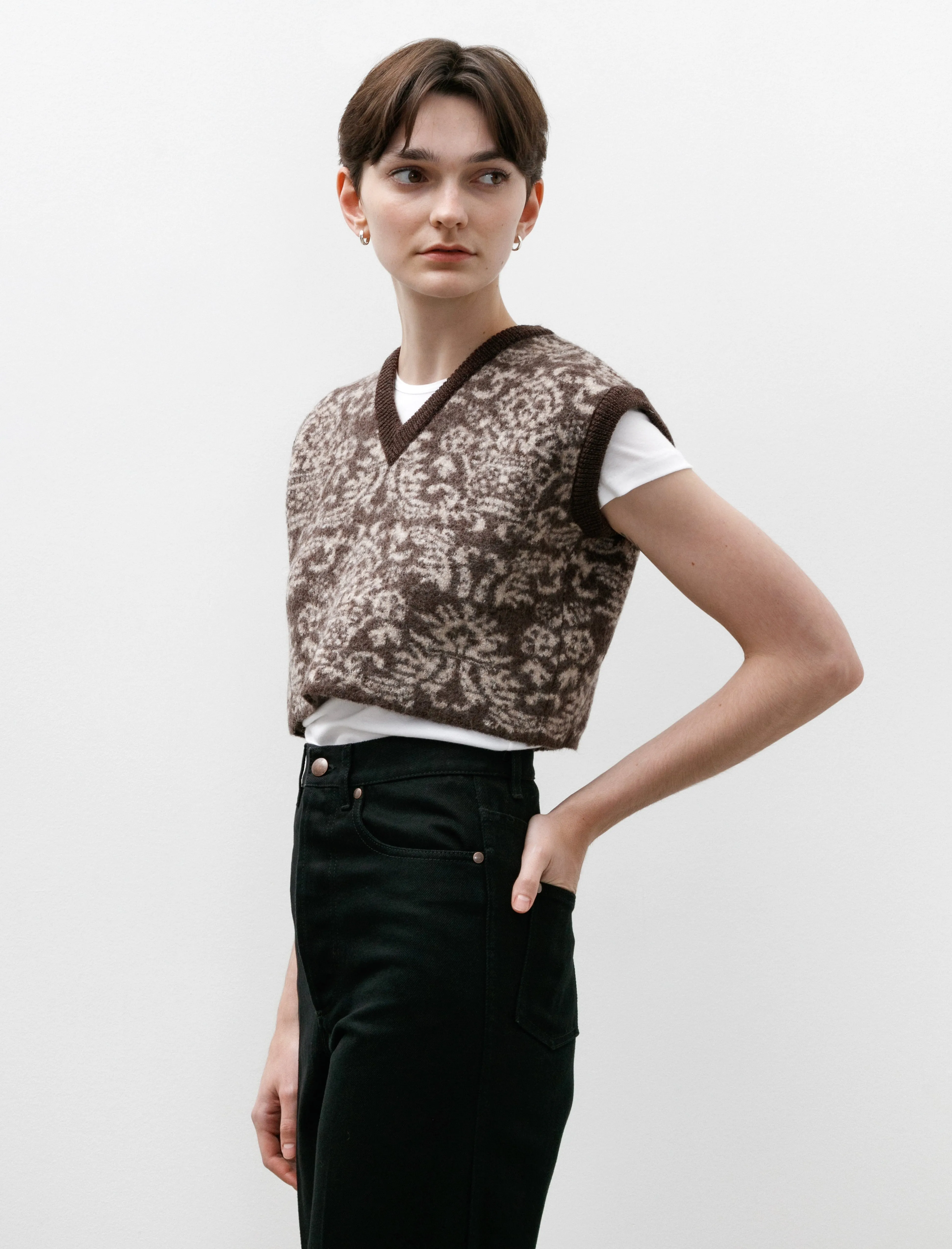 Felted Jacquard Cropped Gilet Mocha/Cream