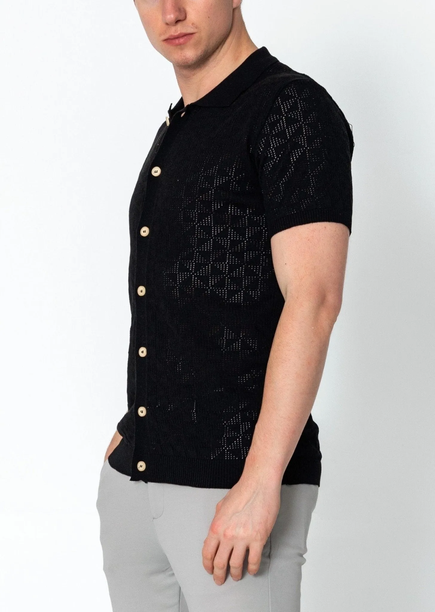 Geometric Crochet Knit Polo - Black