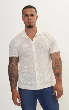 Geometric Crochet Knit Polo - Off White