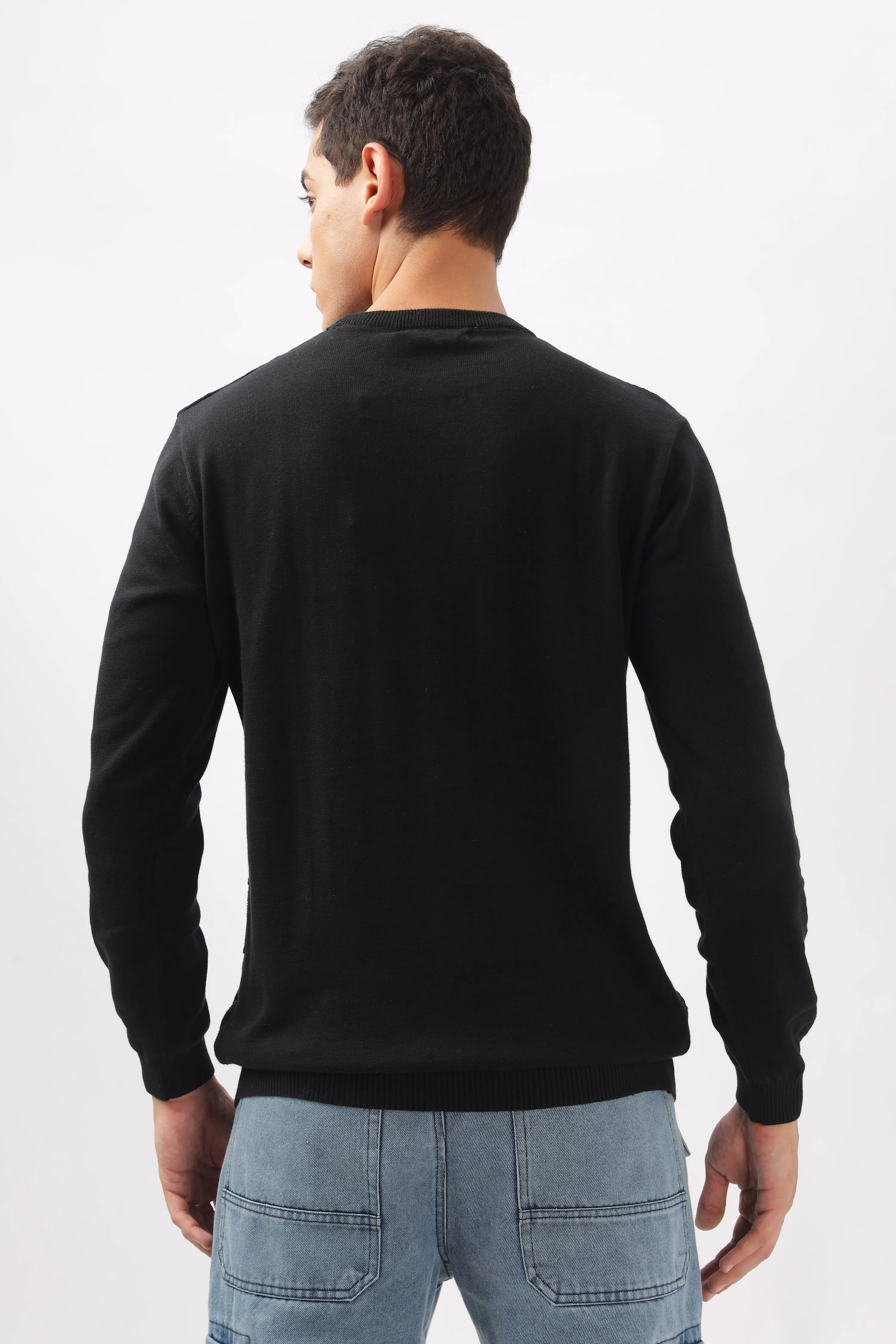 Geometric Knitted Black Full-Sleeve T-Shirt