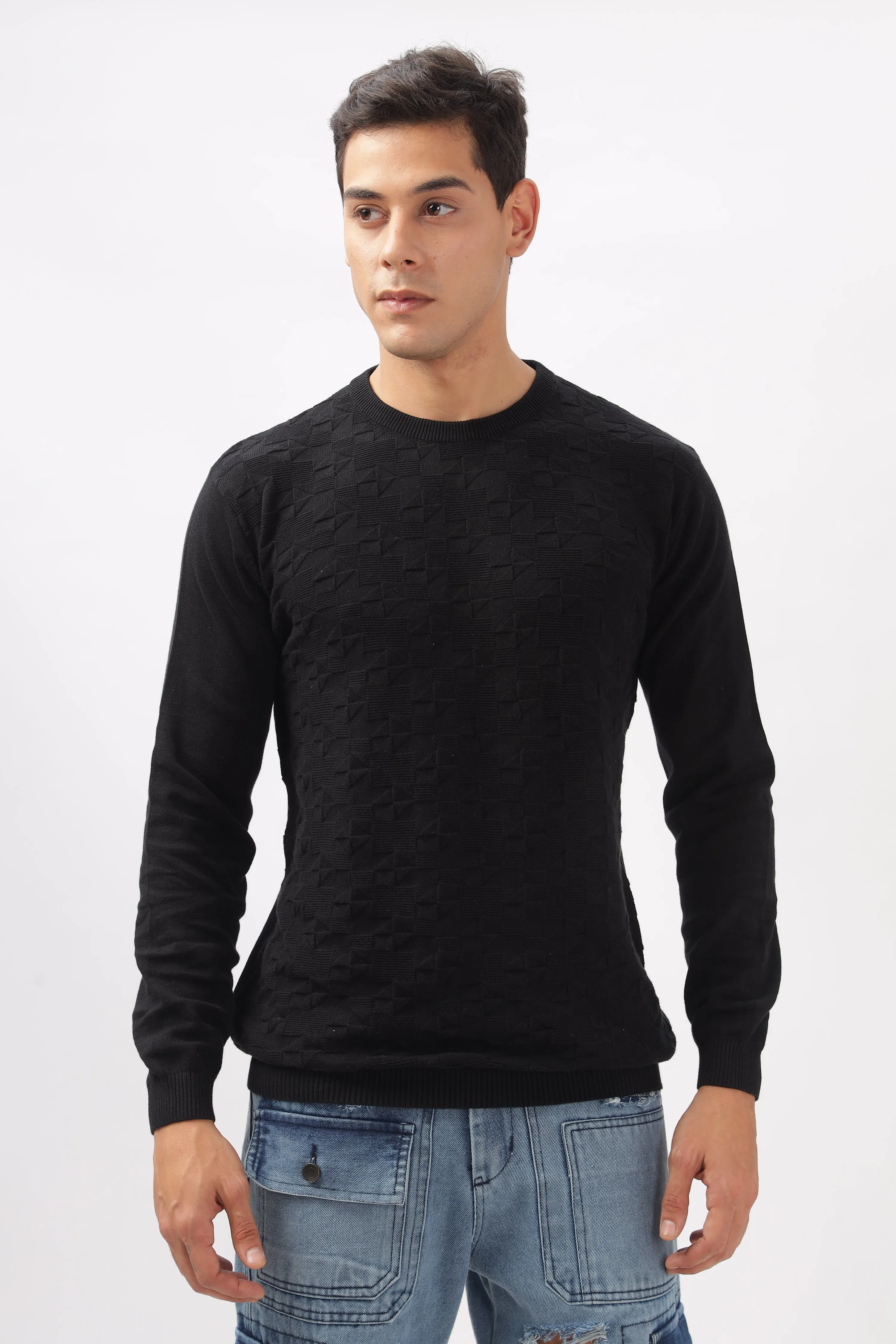 Geometric Knitted Black Full-Sleeve T-Shirt