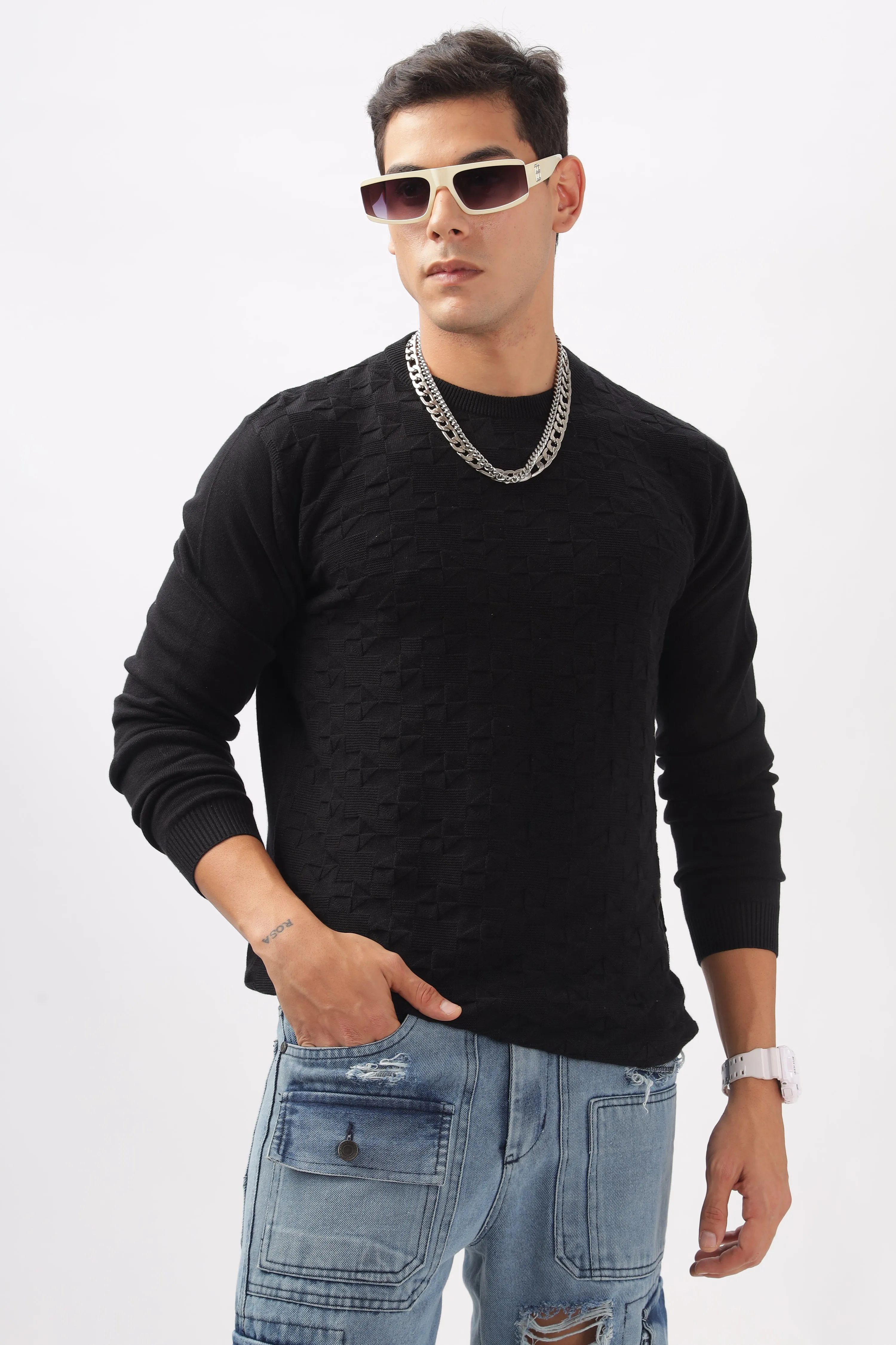 Geometric Knitted Black Full-Sleeve T-Shirt