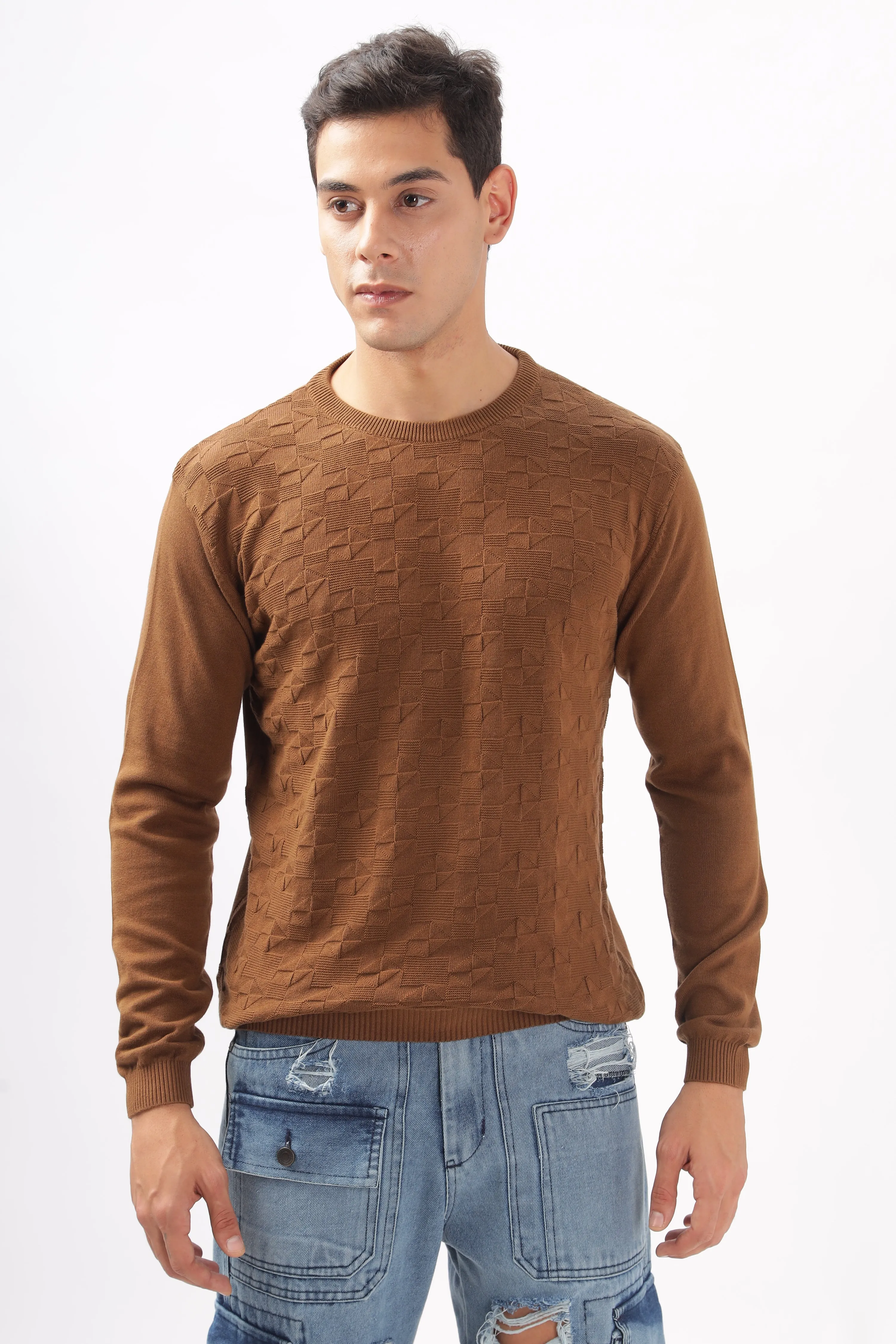 Geometric Knitted Full-Sleeve T-Shirt