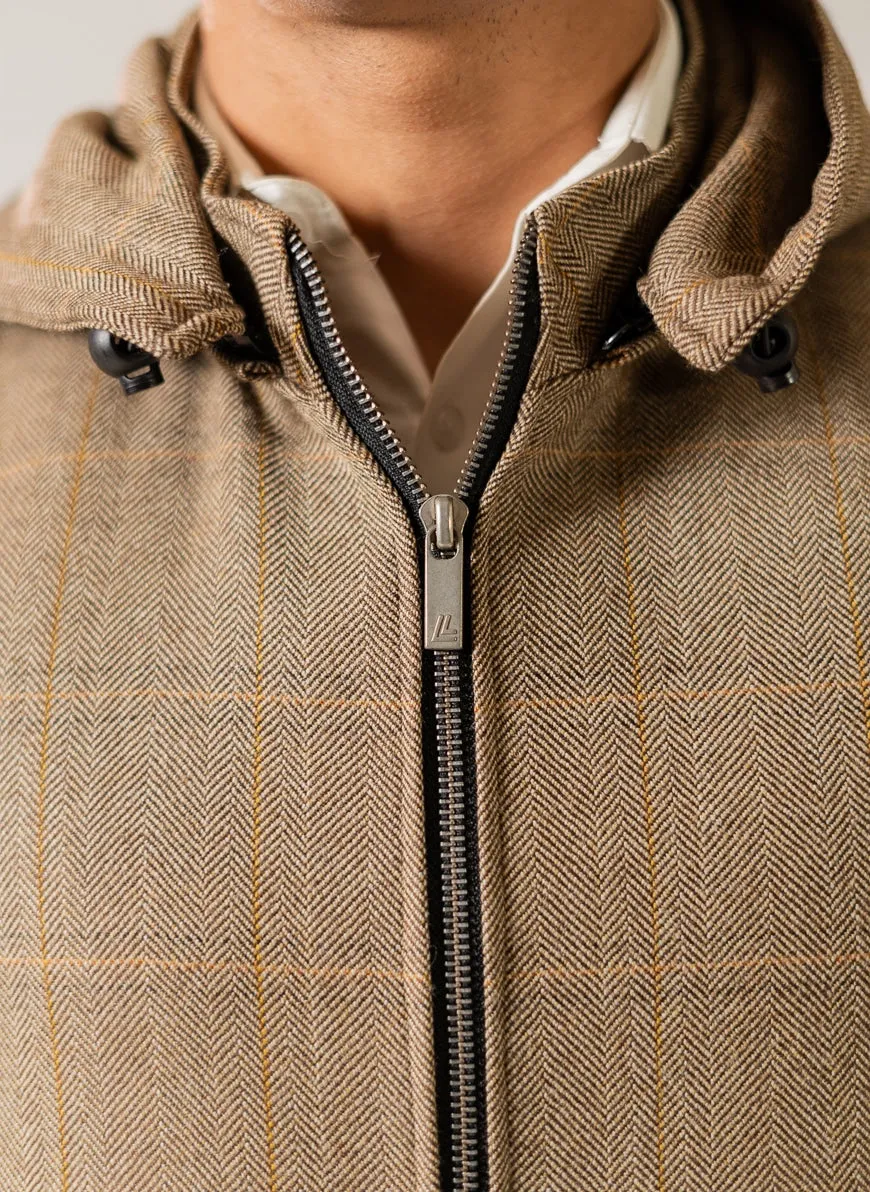 Glen Plaid Checks, Wool Rich Worsted Tweed, High Neck Sleeveless Hoodie