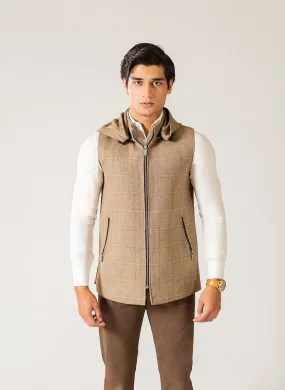 Glen Plaid Checks, Wool Rich Worsted Tweed, High Neck Sleeveless Hoodie