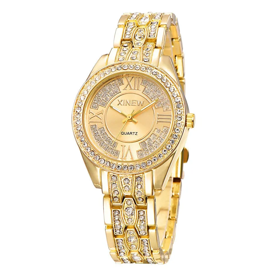 Gold Watches Women Top Brand Luxury Stainless Steel Rhinestone Casual Quartz Watch Montre Femme de Marque Luxe Original