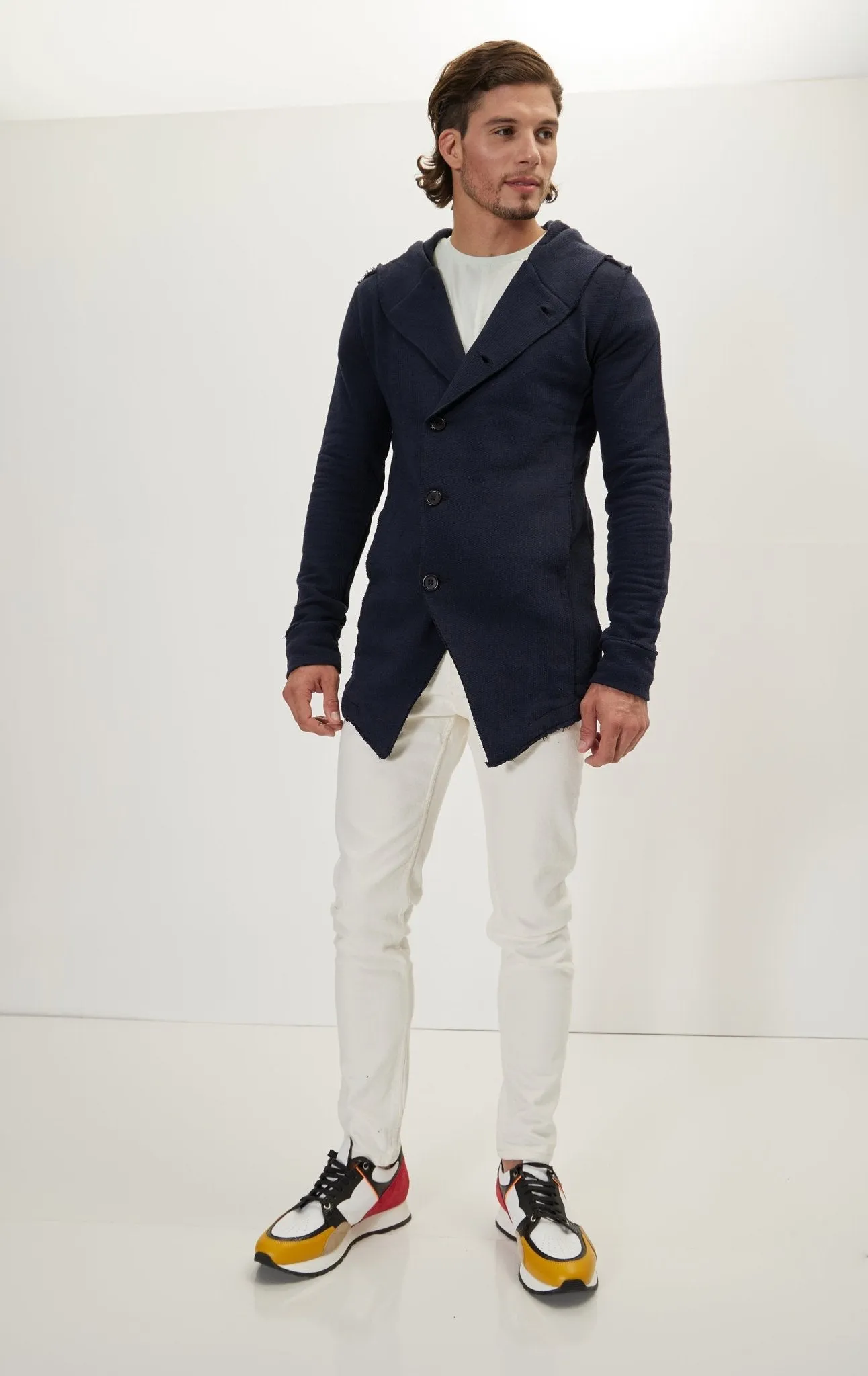 Hooded Asymmetric Closure Raw Cardigan - Navy