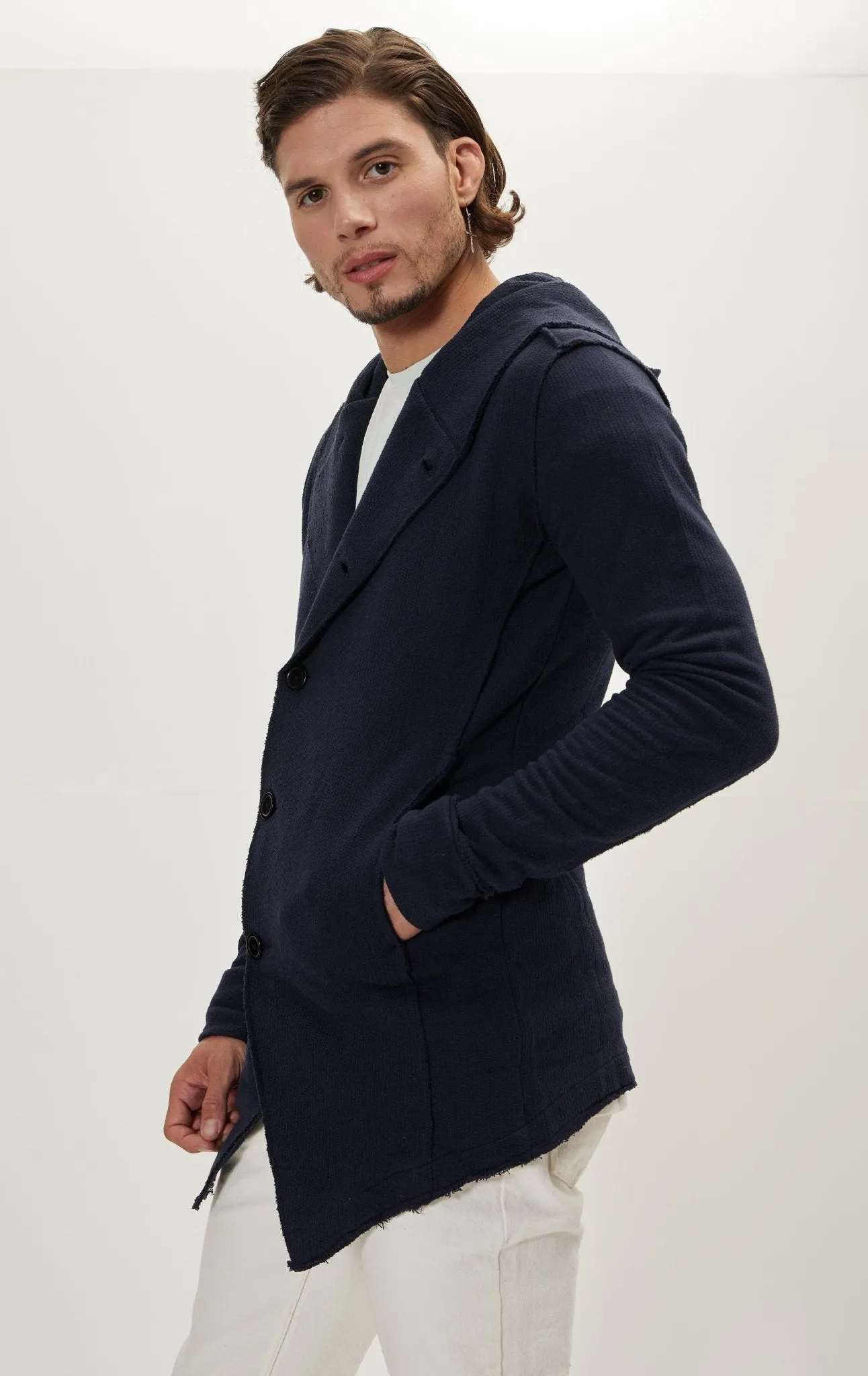 Hooded Asymmetric Closure Raw Cardigan - Navy