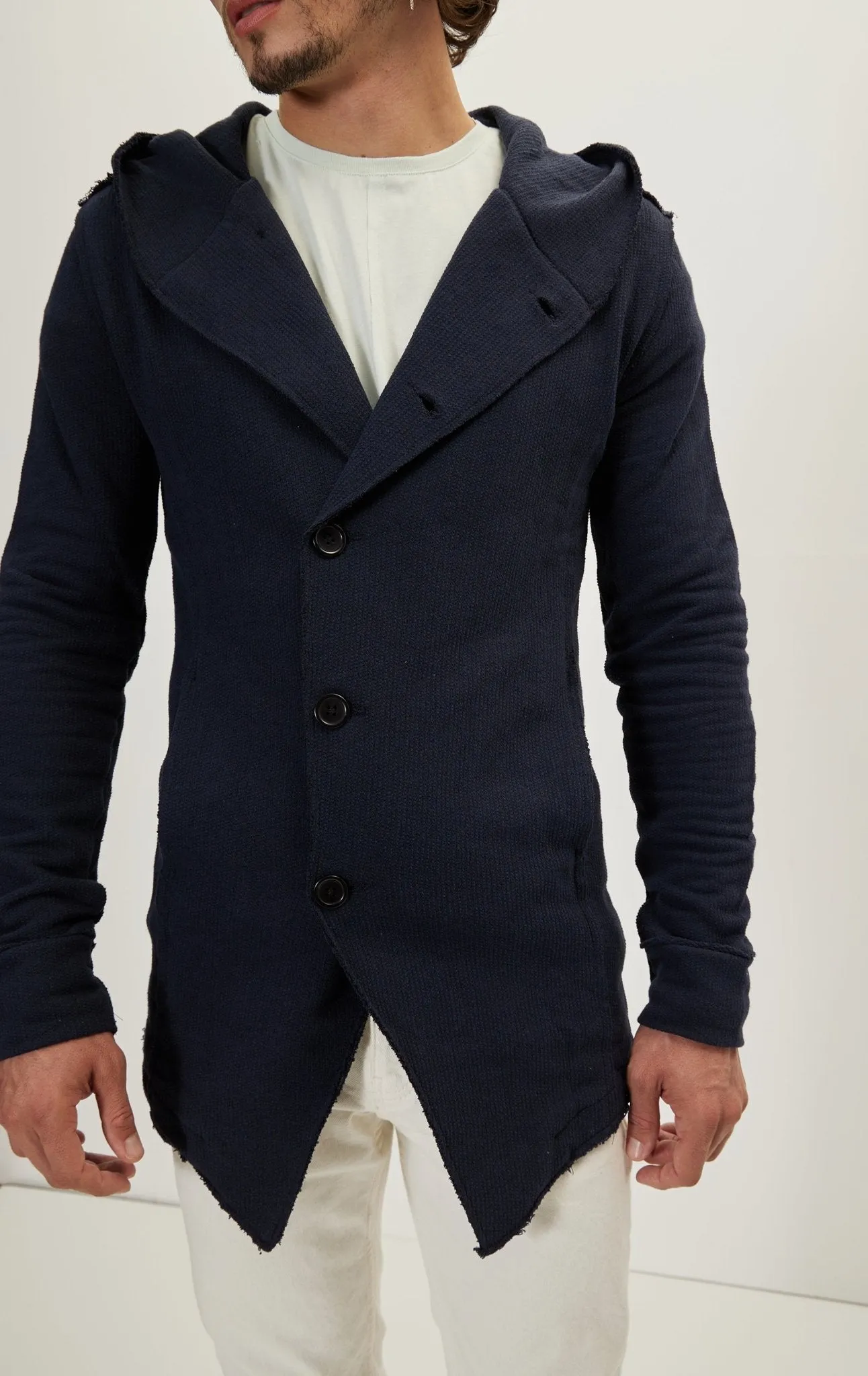 Hooded Asymmetric Closure Raw Cardigan - Navy