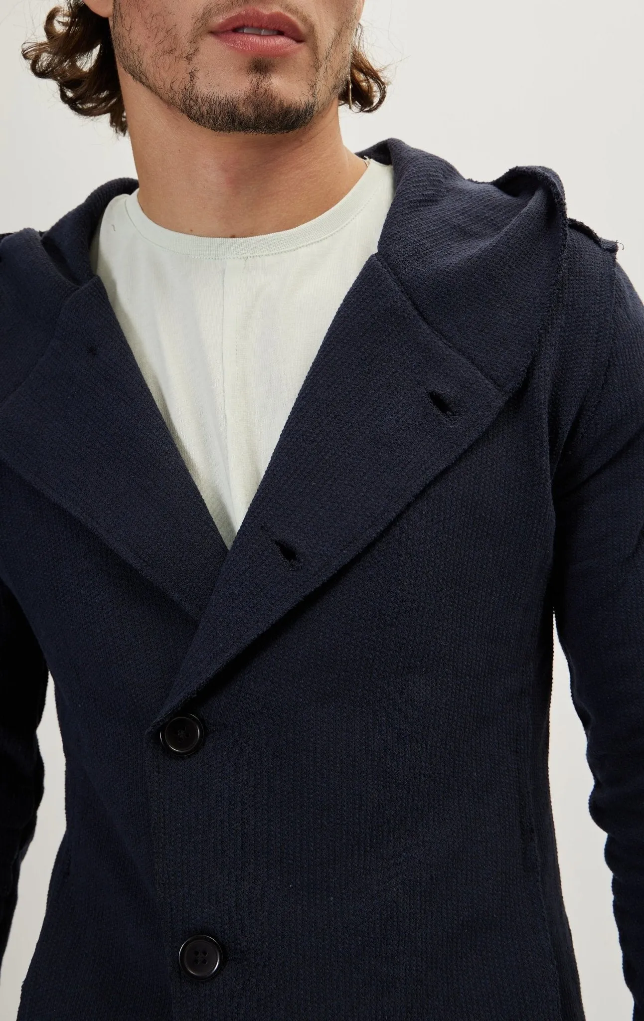 Hooded Asymmetric Closure Raw Cardigan - Navy