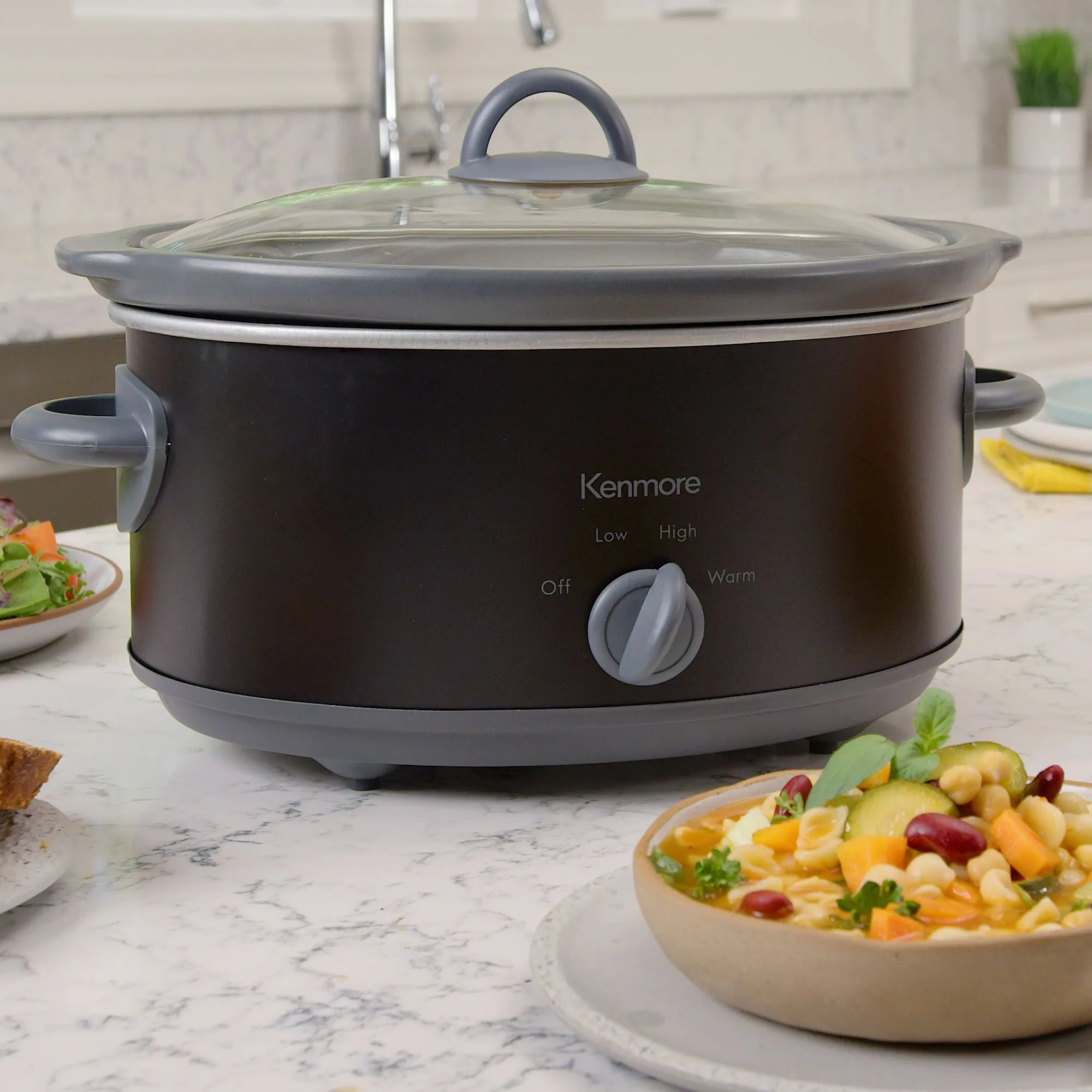 Kenmore 5 qt (4.7L) Slow Cooker, Black and Gray, Compact Countertop Cooking, Simple Dial Control, Easy to Use, Warm, Braise, Simmer, Sous Vide, Stew, Soup, Curry, Chili, Fondue, Yogurt