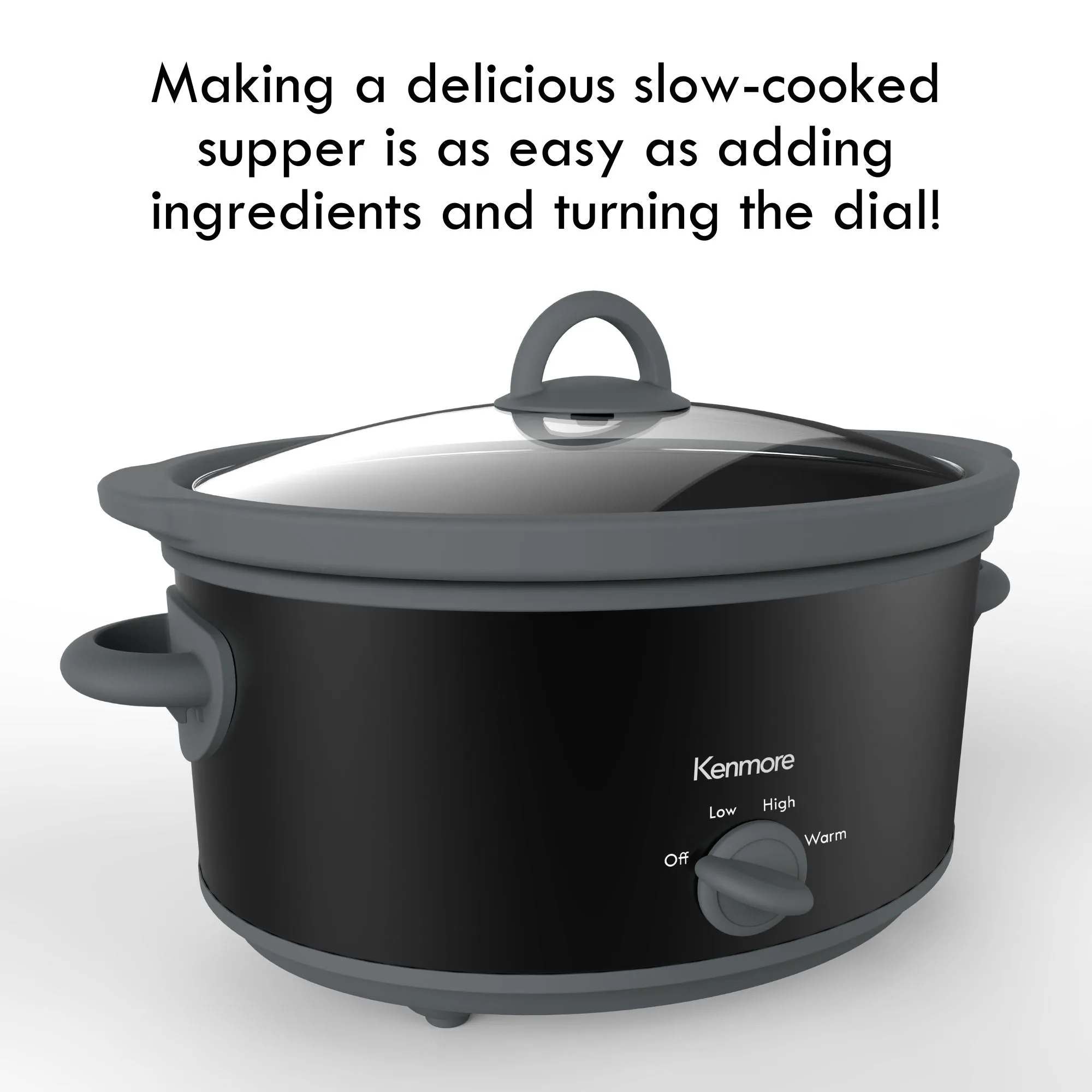 Kenmore 5 qt (4.7L) Slow Cooker, Black and Gray, Compact Countertop Cooking, Simple Dial Control, Easy to Use, Warm, Braise, Simmer, Sous Vide, Stew, Soup, Curry, Chili, Fondue, Yogurt