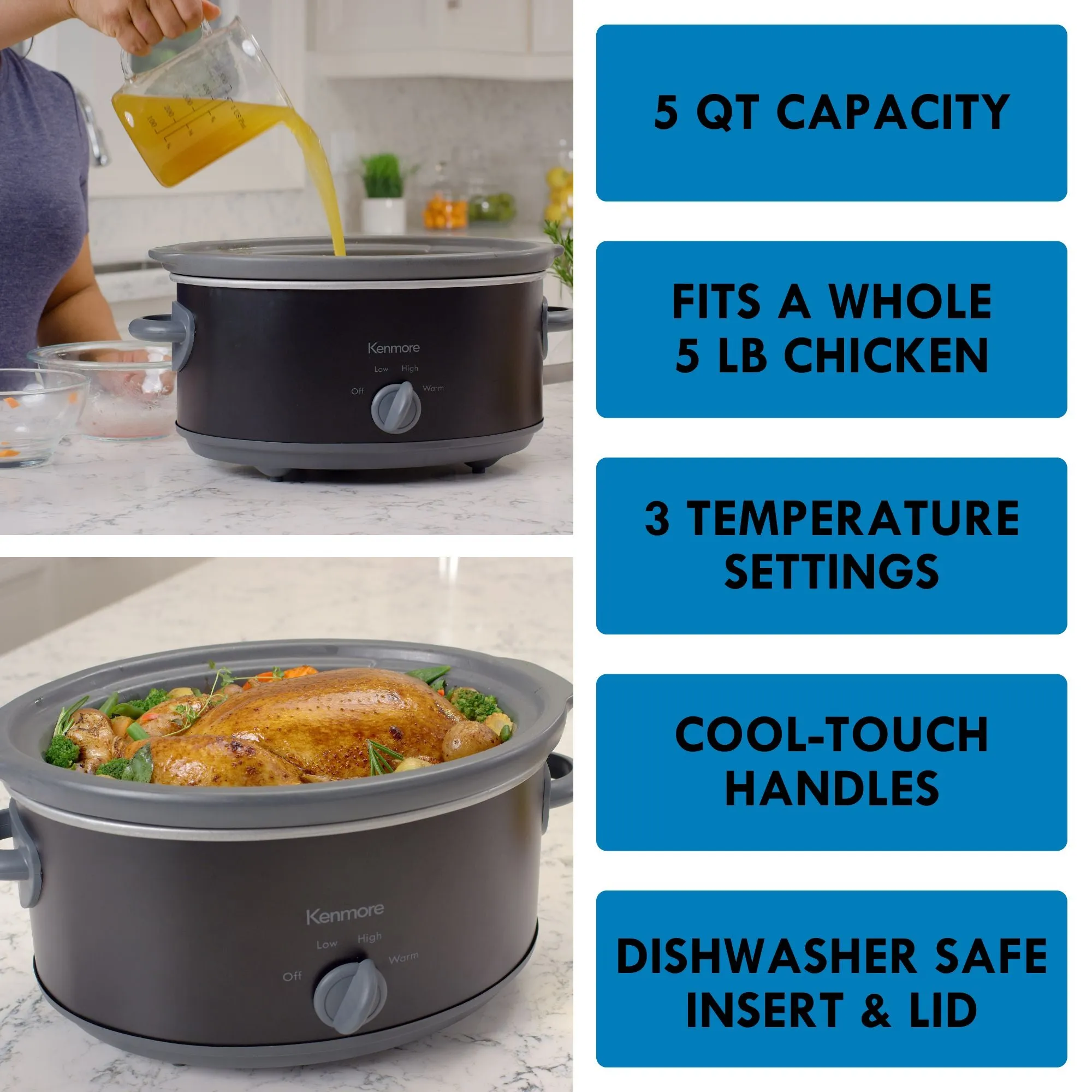 Kenmore 5 qt (4.7L) Slow Cooker, Black and Gray, Compact Countertop Cooking, Simple Dial Control, Easy to Use, Warm, Braise, Simmer, Sous Vide, Stew, Soup, Curry, Chili, Fondue, Yogurt