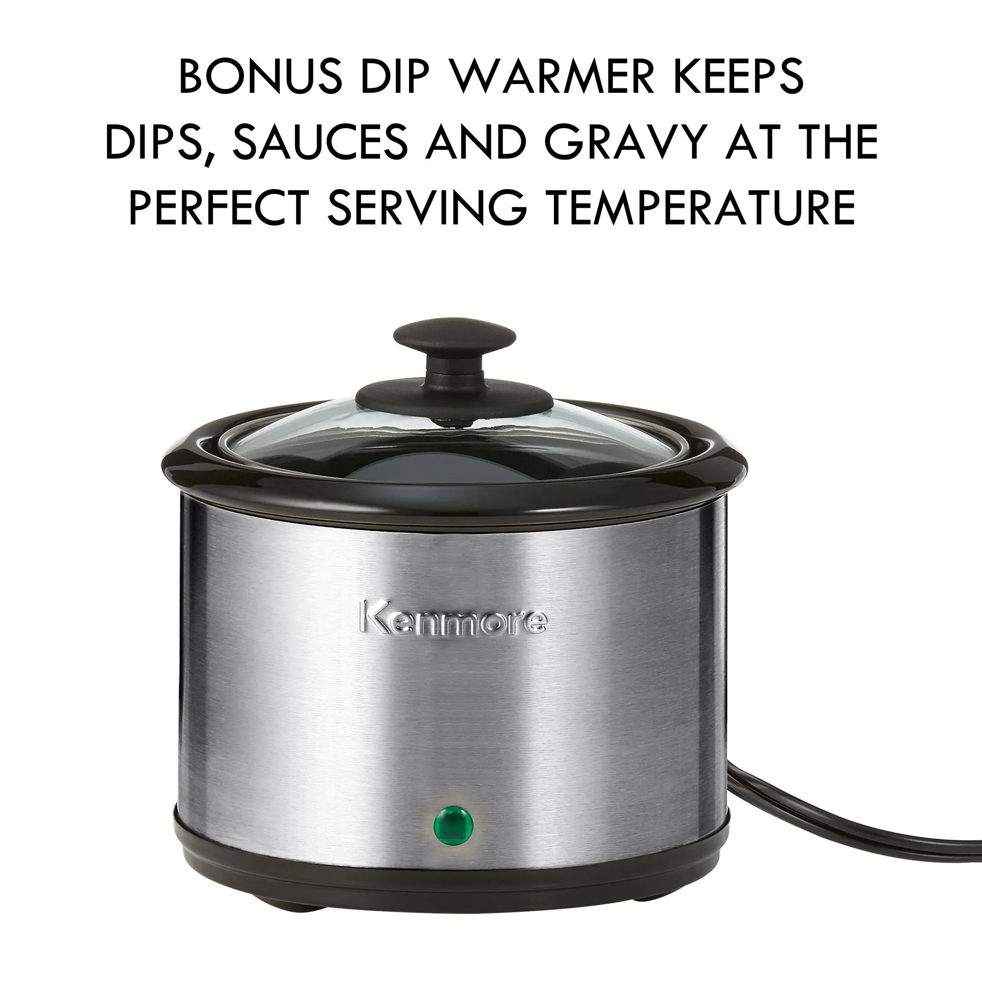 Kenmore Programmable 7 qt (6.6L) Slow Cooker with Dipper Sauce-Warmer, Black and Silver, Stainless Steel, Digital Display, One-Touch Controls, Braise, Simmer, Sous Vide, Stew, Soup, Chili, Curry