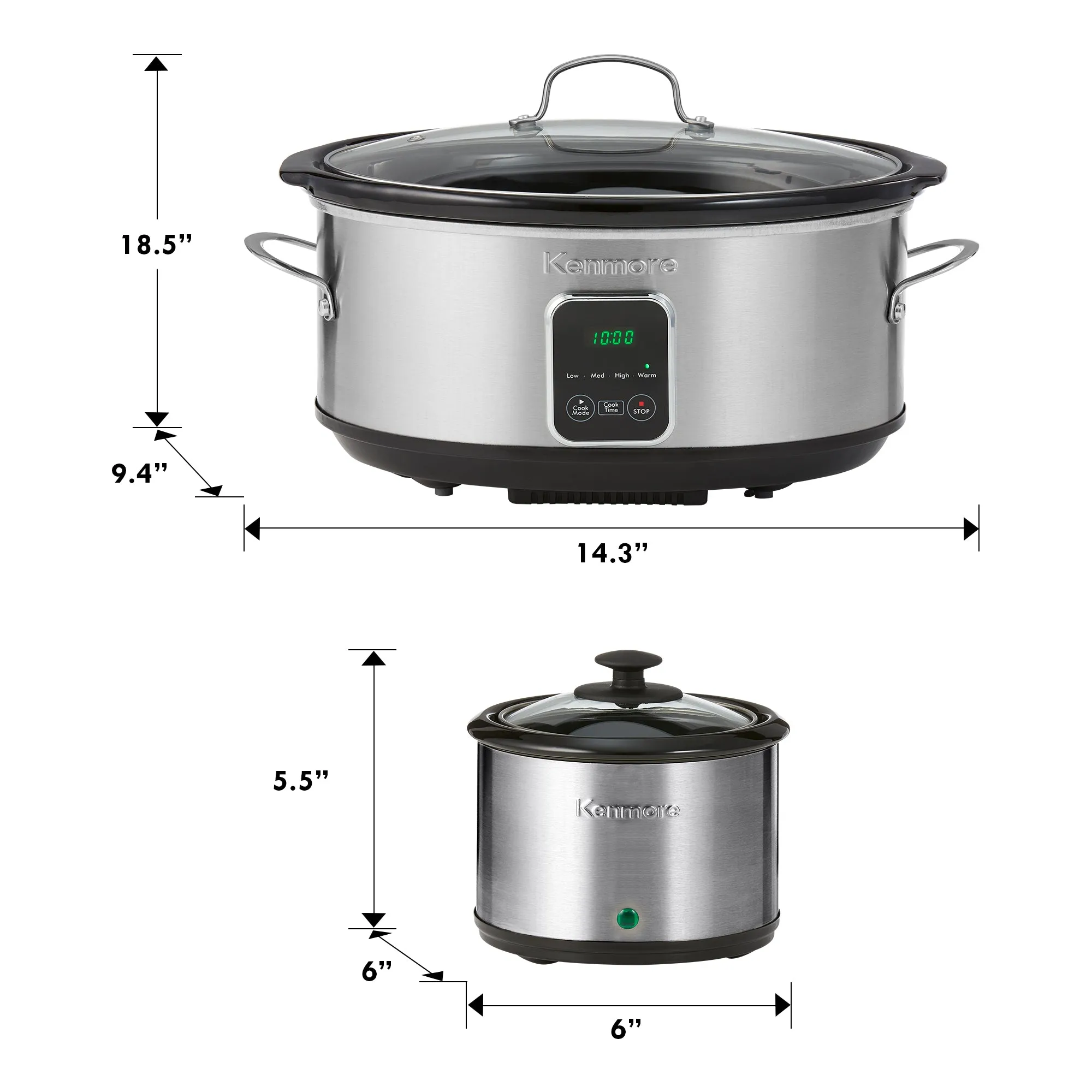 Kenmore Programmable 7 qt (6.6L) Slow Cooker with Dipper Sauce-Warmer, Black and Silver, Stainless Steel, Digital Display, One-Touch Controls, Braise, Simmer, Sous Vide, Stew, Soup, Chili, Curry