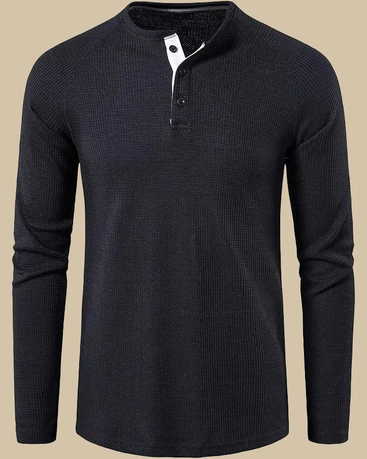 Long Sleeve Henley Top in Waffle Texture