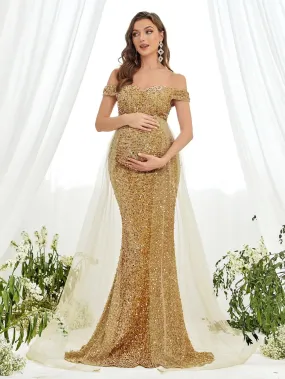 Maternity Off Shoulder Mesh Overlay Sequin Formal Dress