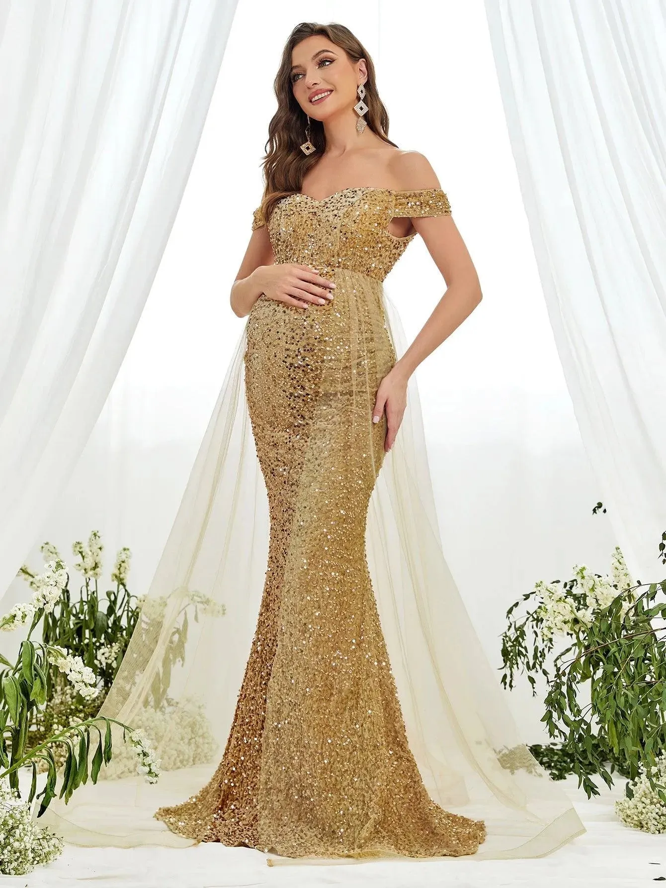 Maternity Off Shoulder Mesh Overlay Sequin Formal Dress