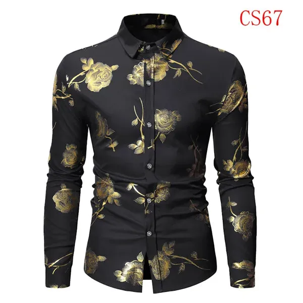 Men's Gold Rose Floral Print Shirts Floral Steampunk Chemise White Long Sleeve Wedding Party