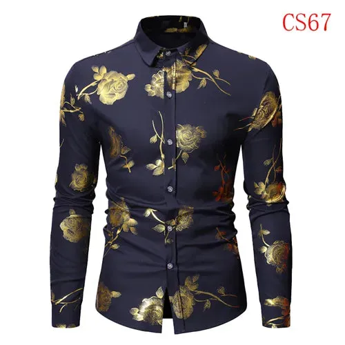 Men's Gold Rose Floral Print Shirts Floral Steampunk Chemise White Long Sleeve Wedding Party