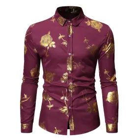 Men's Gold Rose Floral Print Shirts Floral Steampunk Chemise White Long Sleeve Wedding Party