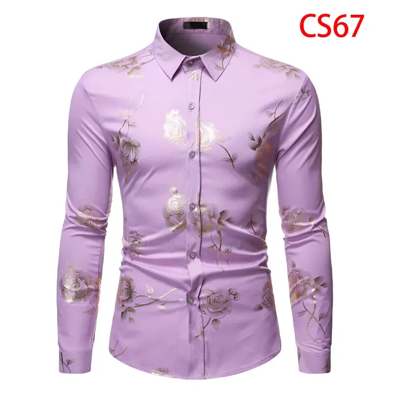 Men's Gold Rose Floral Print Shirts Floral Steampunk Chemise White Long Sleeve Wedding Party