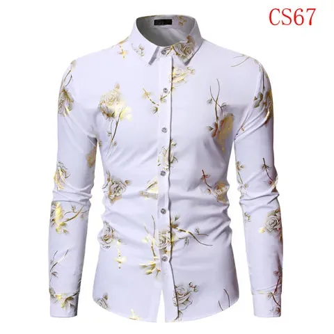 Men's Gold Rose Floral Print Shirts Floral Steampunk Chemise White Long Sleeve Wedding Party