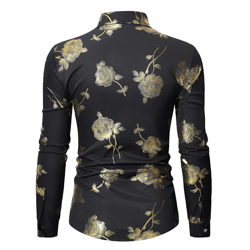 Men's Gold Rose Floral Print Shirts Floral Steampunk Chemise White Long Sleeve Wedding Party