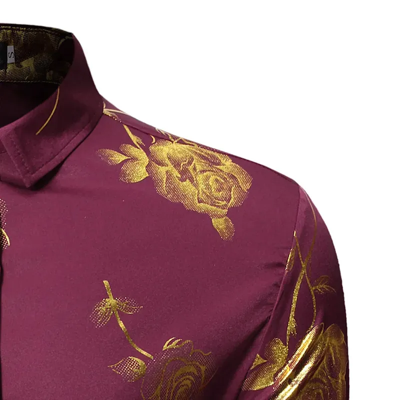 Men's Gold Rose Floral Print Shirts Floral Steampunk Chemise White Long Sleeve Wedding Party