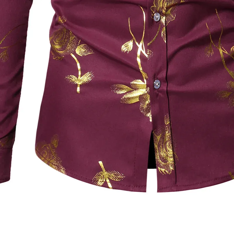 Men's Gold Rose Floral Print Shirts Floral Steampunk Chemise White Long Sleeve Wedding Party