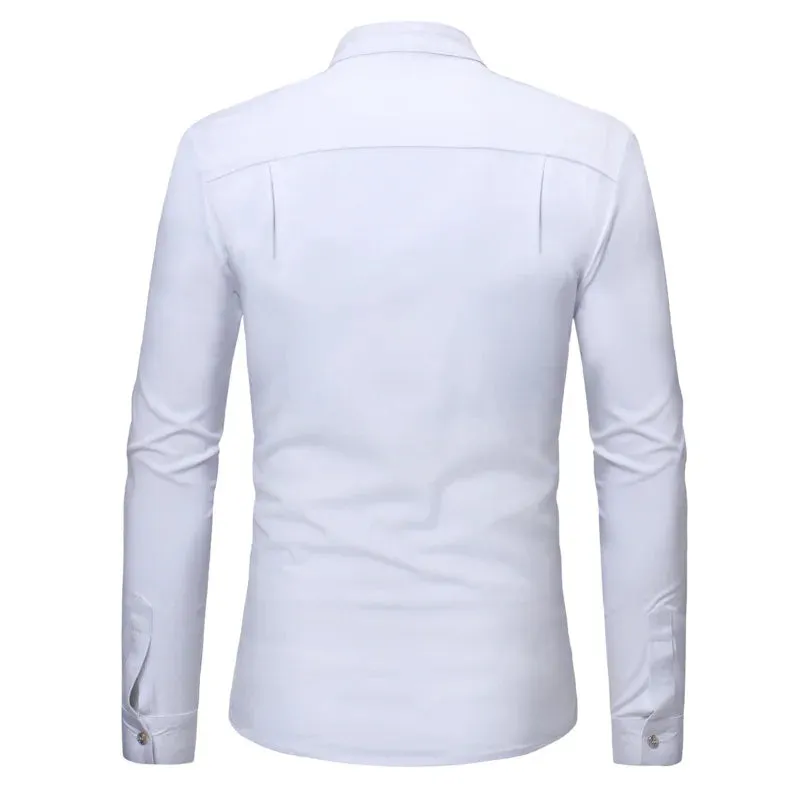 Men's Ruffle Tuxedo Dress Shirts Slim Fit Long Sleeve Stand Collar Prom Performing Wedding Chemise Homme