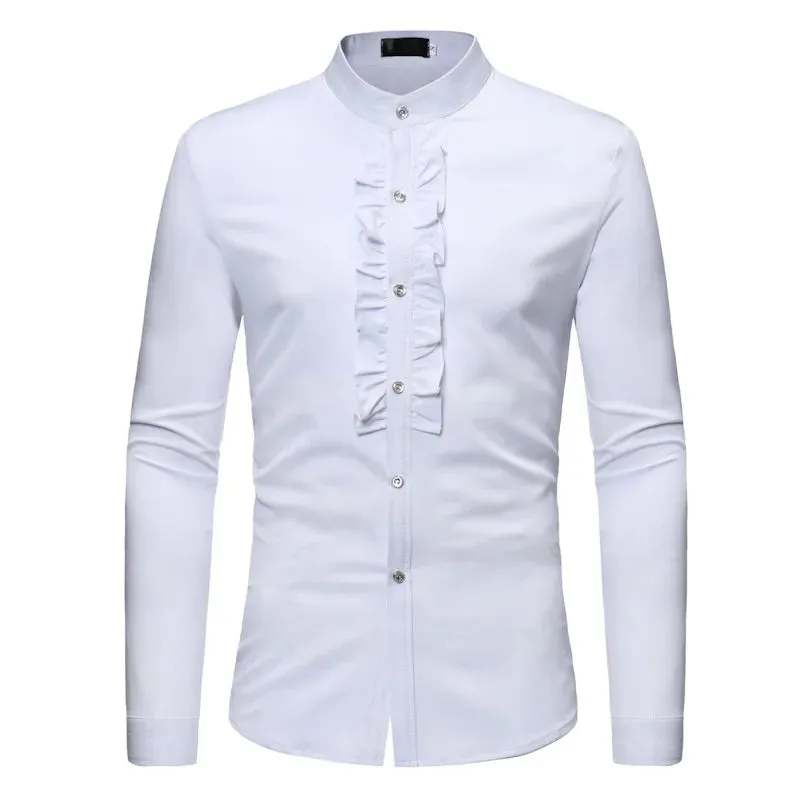 Men's Ruffle Tuxedo Dress Shirts Slim Fit Long Sleeve Stand Collar Prom Performing Wedding Chemise Homme