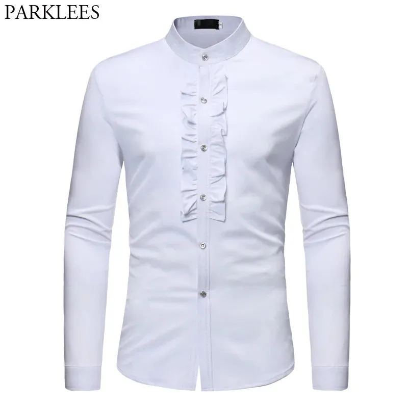 Men's Ruffle Tuxedo Dress Shirts Slim Fit Long Sleeve Stand Collar Prom Performing Wedding Chemise Homme