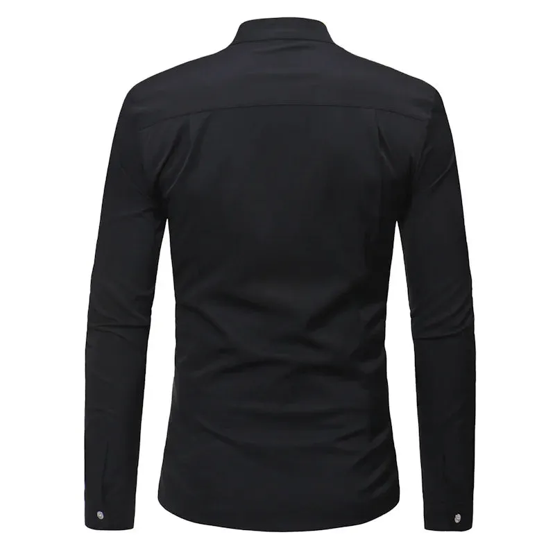 Men's Ruffle Tuxedo Dress Shirts Slim Fit Long Sleeve Stand Collar Prom Performing Wedding Chemise Homme