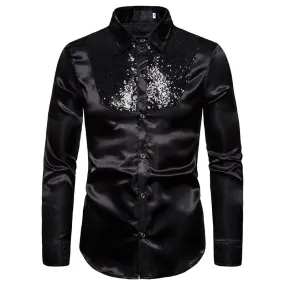 Men's Silk Satin Smooth Shirt Luxury Gold Sequin Tuxedo Shirt Party Stage Performance Wedding Dress Shirts Chemise Homme