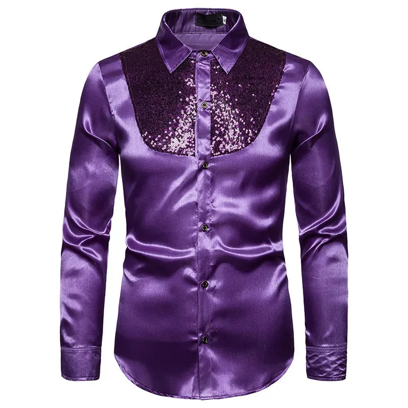 Men's Silk Satin Smooth Shirt Luxury Gold Sequin Tuxedo Shirt Party Stage Performance Wedding Dress Shirts Chemise Homme