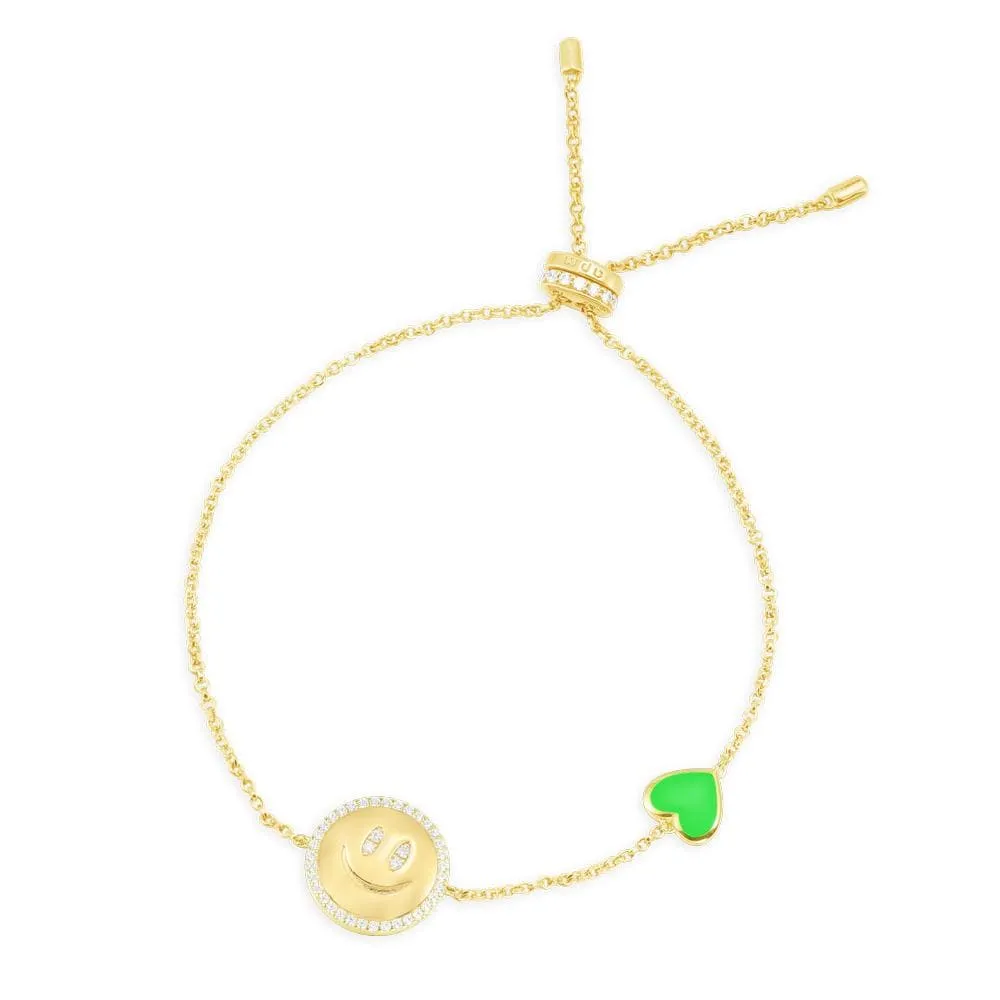 Neon Green Heart & Happy Face Adjustable Bracelet - Yellow Silver