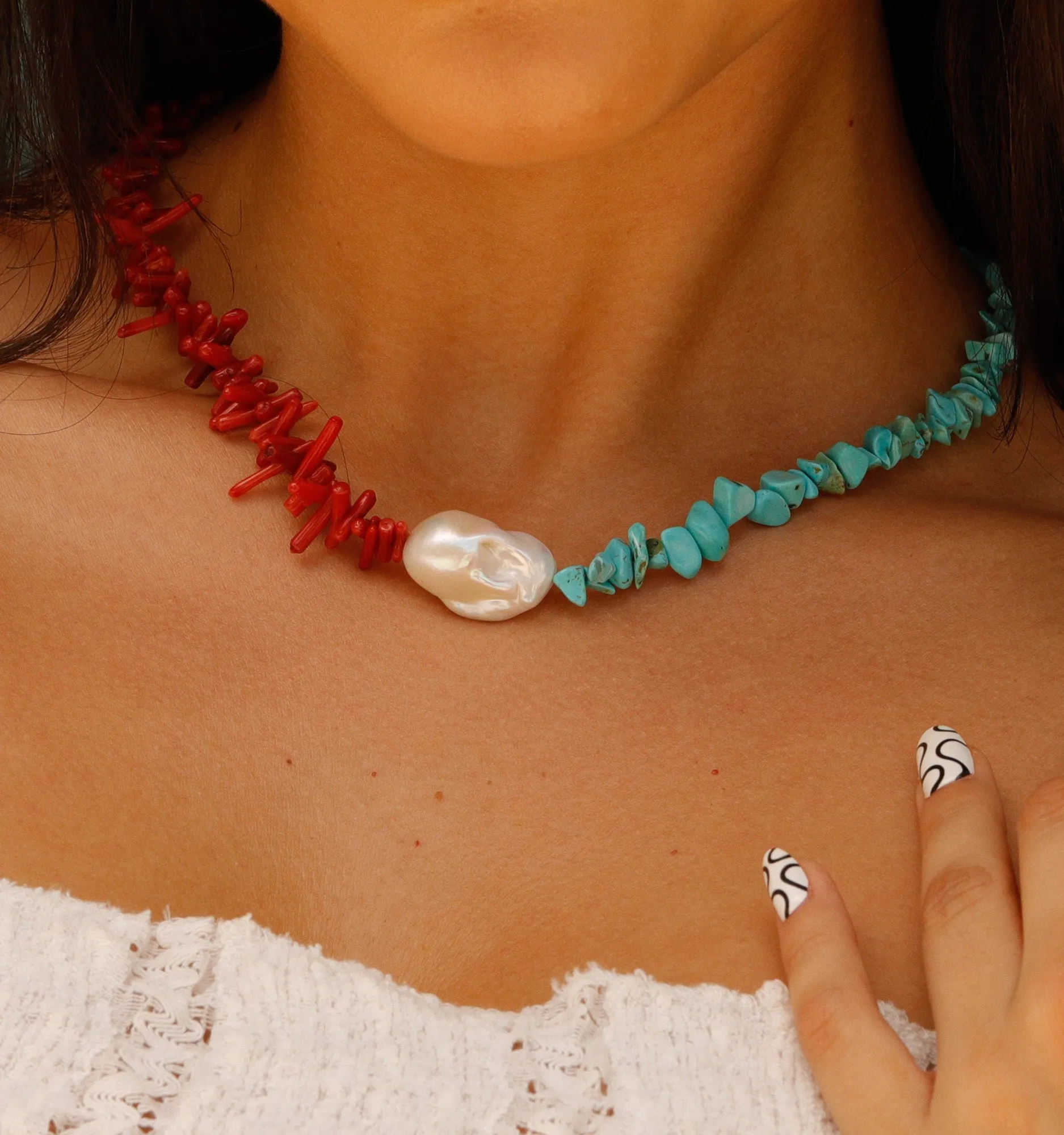 Pearl Necklace With Red Agate and Turquoise