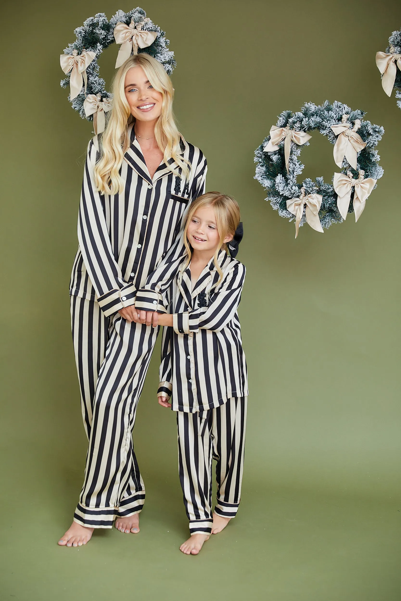 Personalised Luxury Satin Stripe Long Sleeve Pyjama Set with Black Initial Letter Embellishment - Monochrome Black/Cream