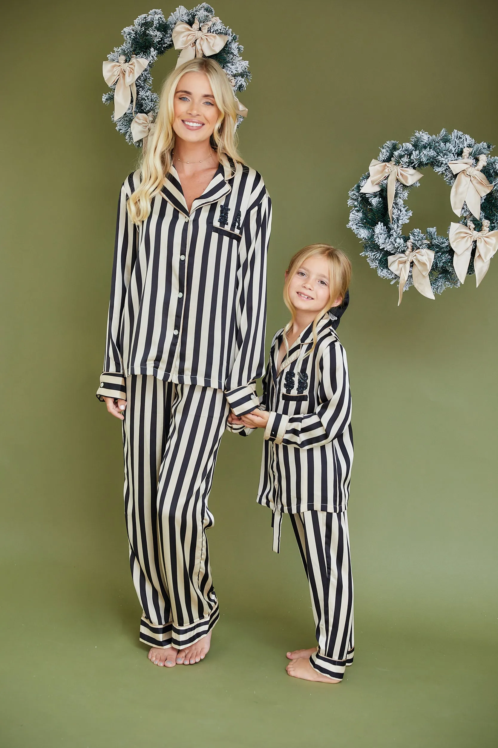 Personalised Luxury Satin Stripe Long Sleeve Pyjama Set with Black Initial Letter Embellishment - Monochrome Black/Cream