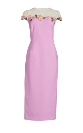 Poppies Illusion Neck Pencil Wool Pink Midi Dress