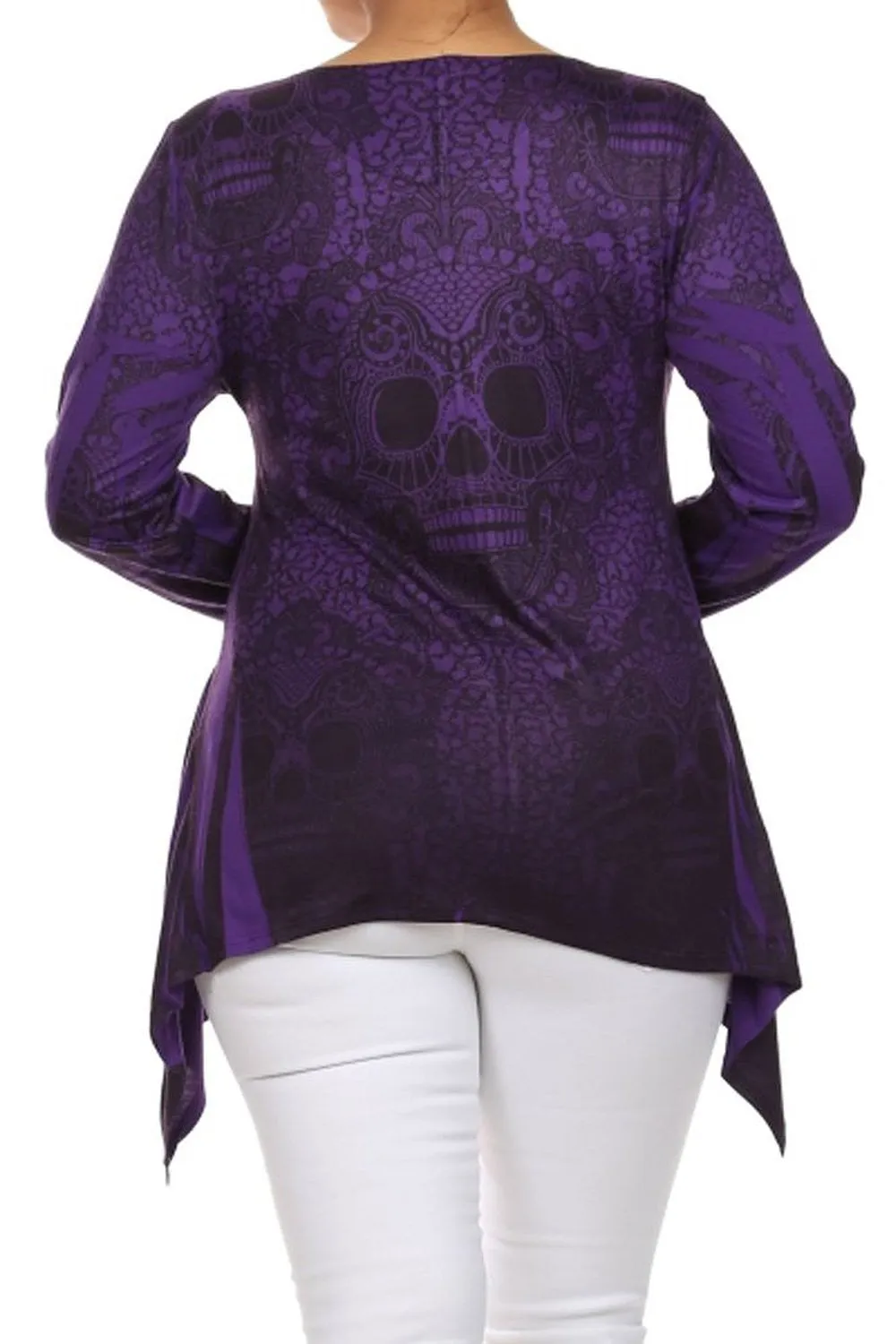 Purple Sugar Skull Lace Design Long Sleeve Asymmetric Plus Size Top U.S.A.