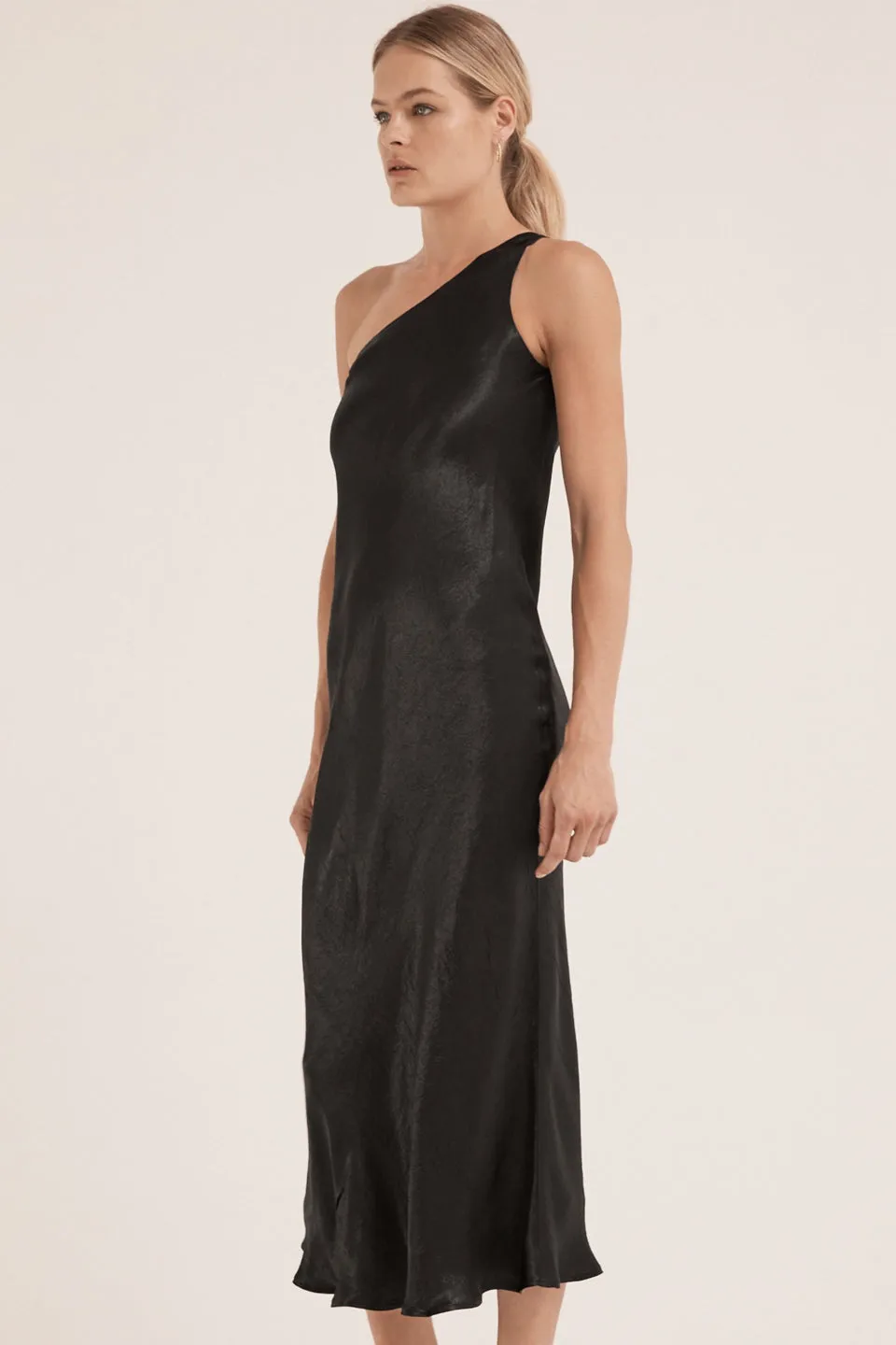 Running Water Black Bias One Shoulder Silky Satin Midi Dress